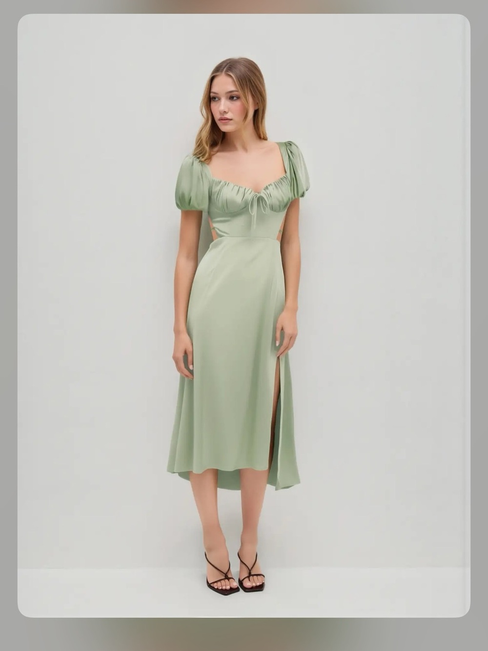 SATIN KNOTTED PUFF SLEEVE SPLIT MIDI DRESS - Picture 11 of 12